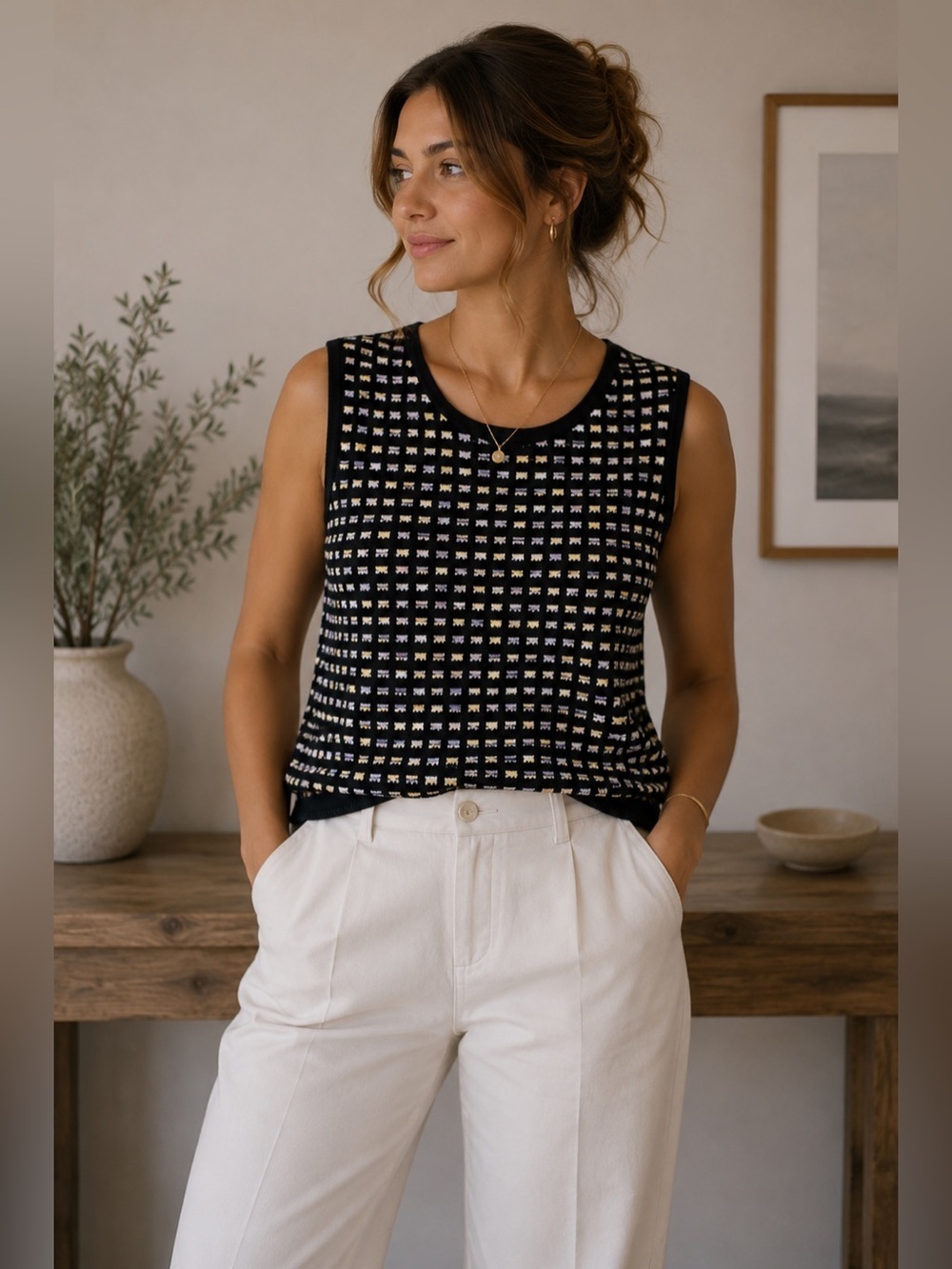 Liola Black and Yellow Patterned Sweater Vest Size 48 Made in Italy Minimalist